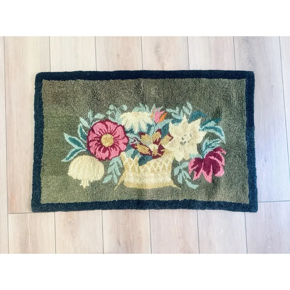 Vintage Hand Hooked Rug Floral Basket Primitive Cottagecore 21x34 Wool Accent